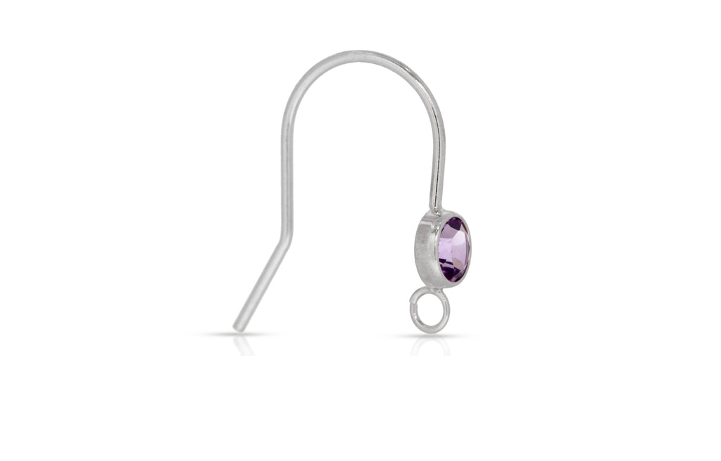 Sterling Silver 4mm Amethyst Color CZ Bezel Ear Wire With Open Ring - 2pcs/pack