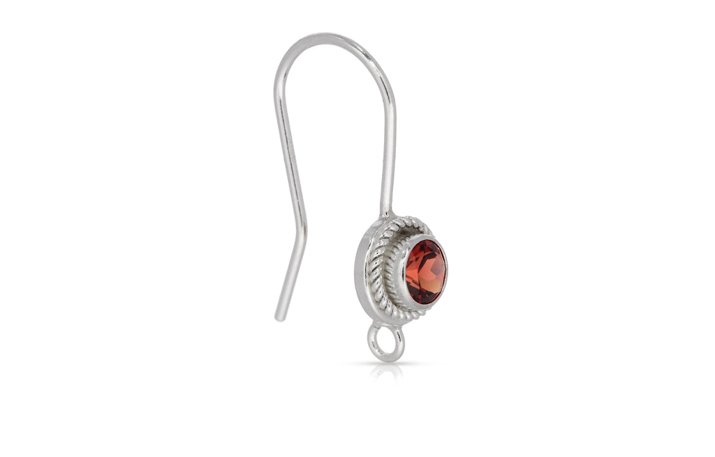 Sterling Silver 4mm Garnet Designer Bezel Ear Wire With Open Ring - 2pcs/pack