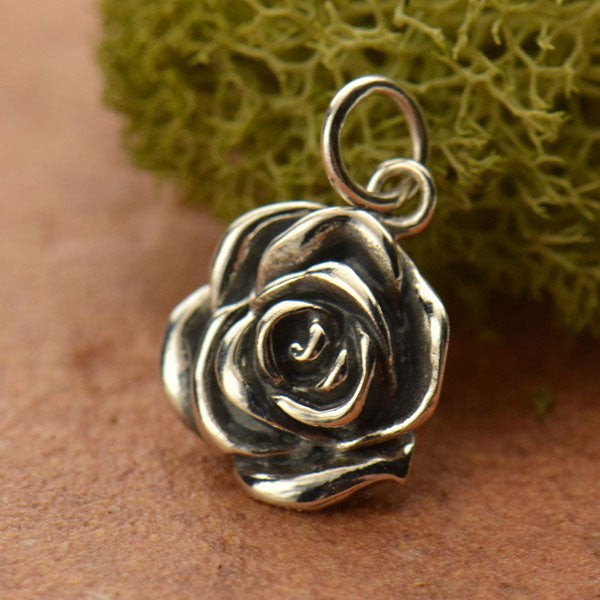 Sterling Silver Rose Charm - Textured 17x11mm - 1pc