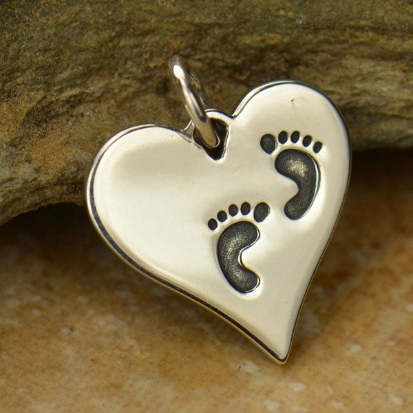 Sterling Silver Heart Charm with Etched Footprints 16x14mm - 1pc