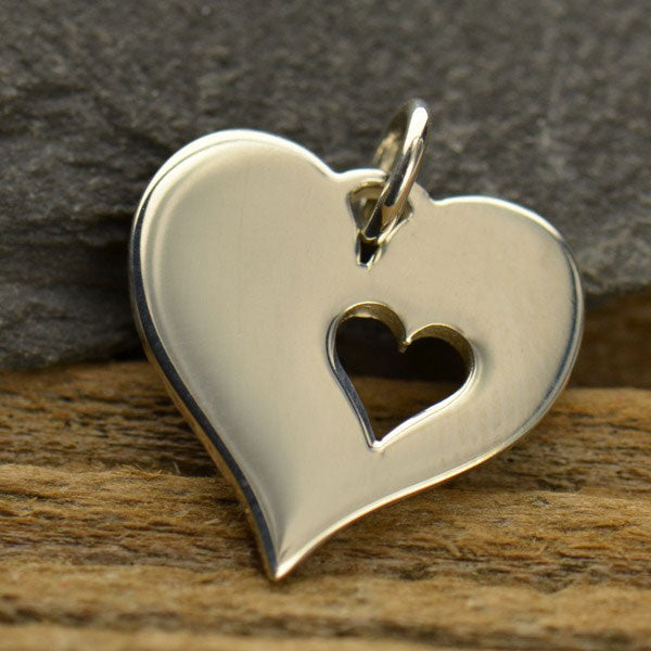 Sterling Silver Heart Charm with One Heart Cutout 17x13mm - 1pc