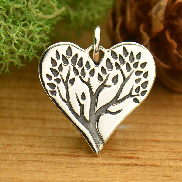 Sterling Silver Tree of Life Charm on Heart 16x13mm - 1pc