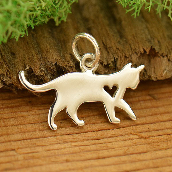 Sterling Silver Cat Silhouette W/ Heart Cut-out Charm 13.5x17.5mm - 1pc