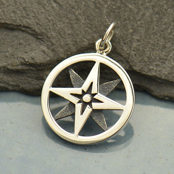 Sterling Silver North Star Compass Charm in Circle 21x15mm - 1pc