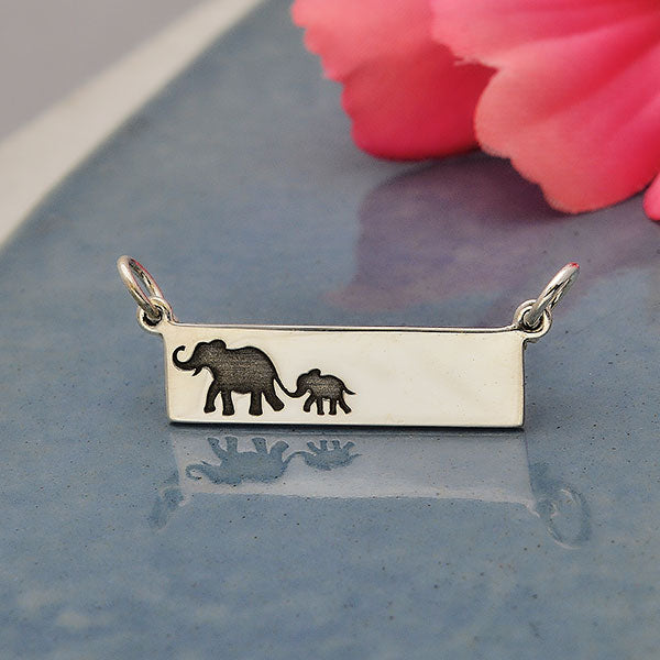 Silver Rectangle Mom and Baby Elephant Festoon 12x29mm - 1pc