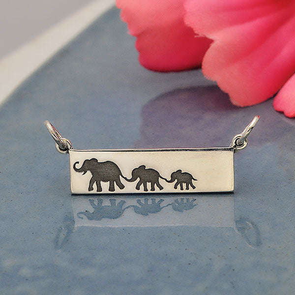 Silver Rectangle Mom and 2 Baby Elephant Festoon 12x29mm - 1pc