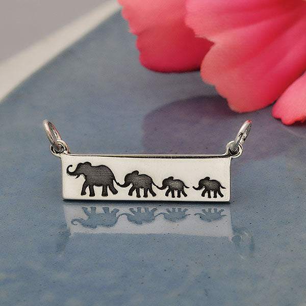 Silver Rectangle Mom and 3 Baby Elephant Festoon 12x29mm - 1pc