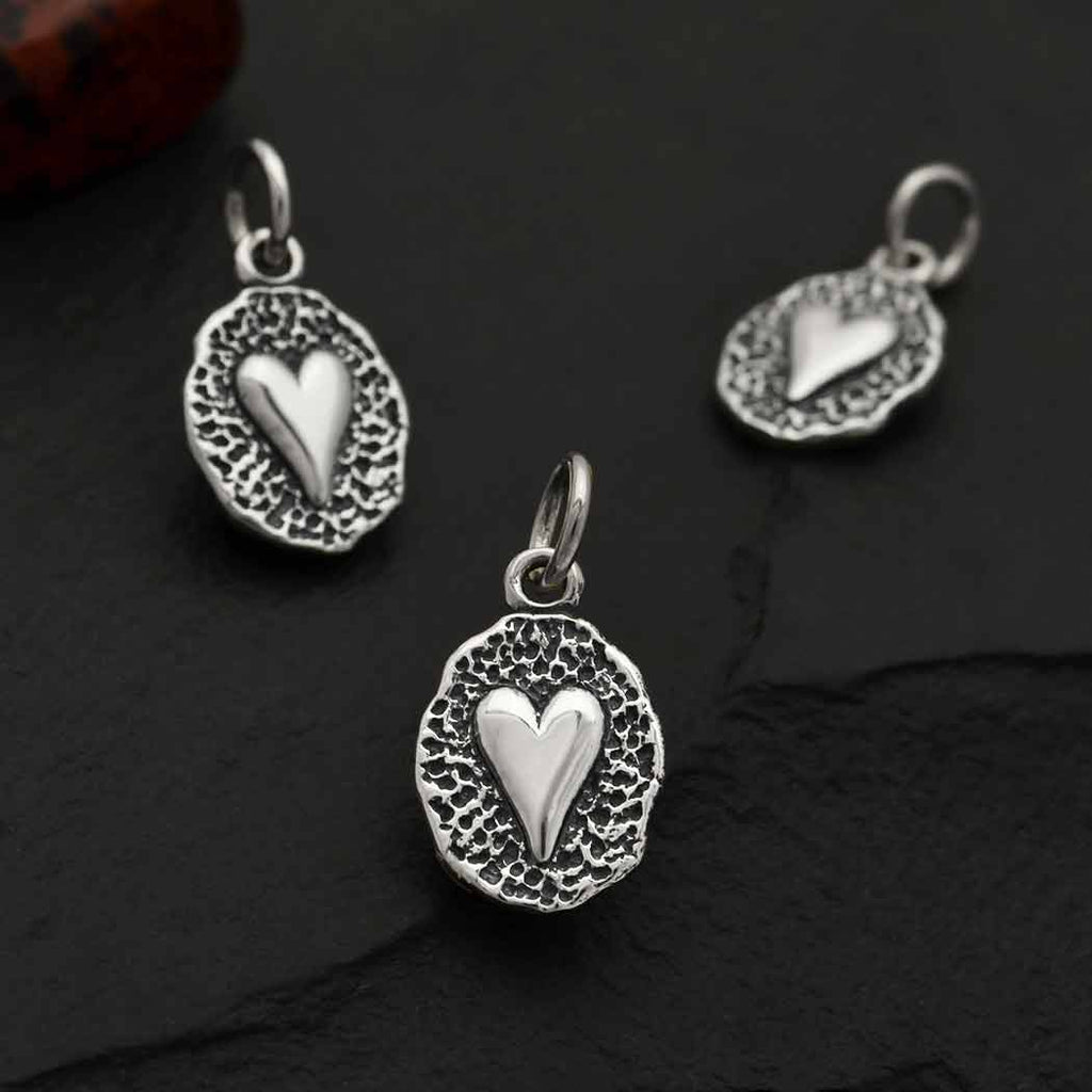 Sterling Silver Heart on Oval Coin Charm 17x9mm - 1pc