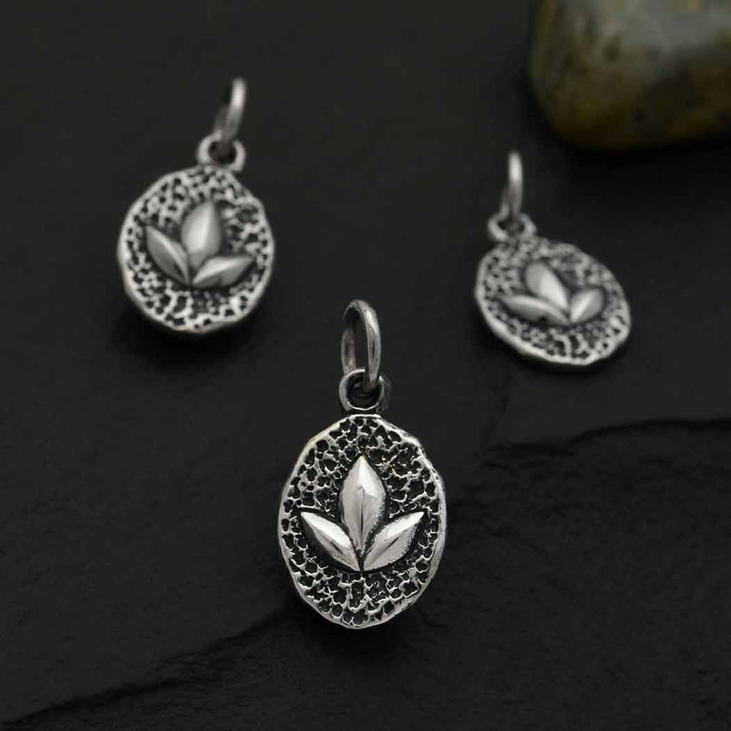 Sterling Silver Lotus on Oval Coin Charm 17x9mm - 1pc