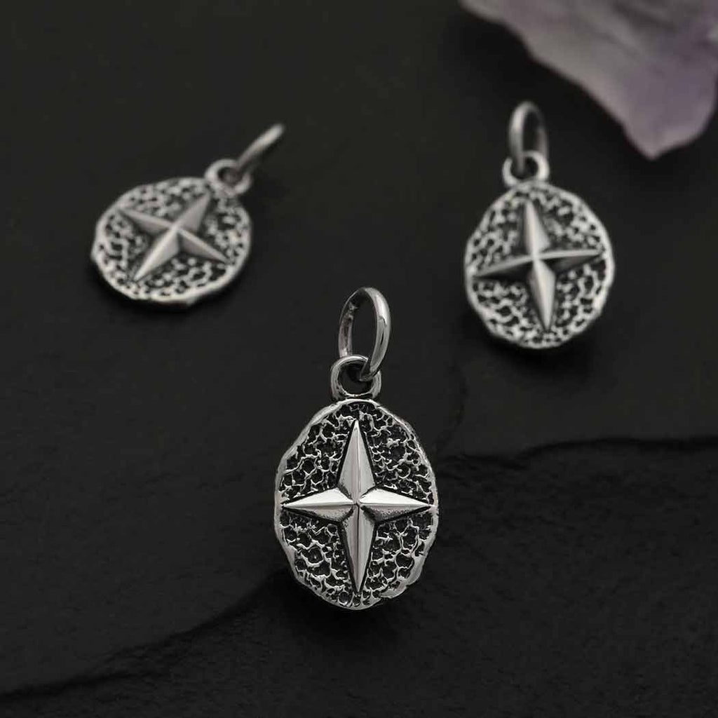 Sterling Silver North Star on Oval Coin Charm 17x9mm - 1Pc