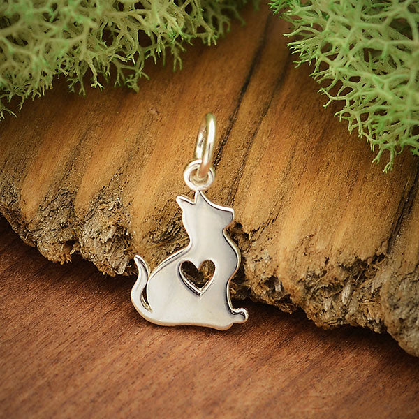 Sterling Silver Baby Cat Charm with Heart Cutout 16x9mm - 1pc