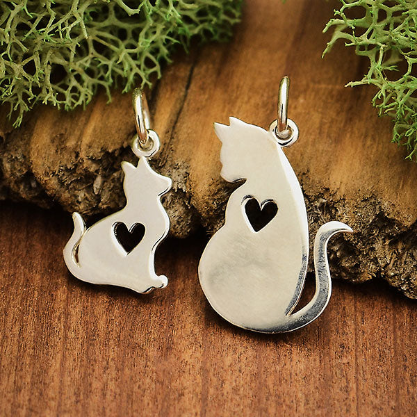 Sterling Silver Mommy and Baby Cat Charm Set - 1Pc