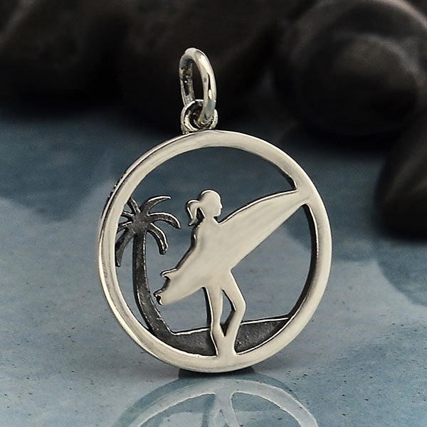 Sterling Silver Surfer Charm with Palm Tree 21x15mm - 1pc