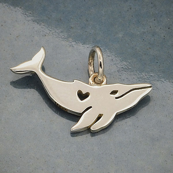 Sterling Silver Humpback Whale Charm w/ Heart Cutout 12x18mm - 1Pc