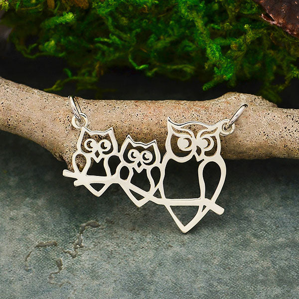 Sterling Silver Mama and 2 Baby Owl Pendant Festoon 22x26mm - 1pc