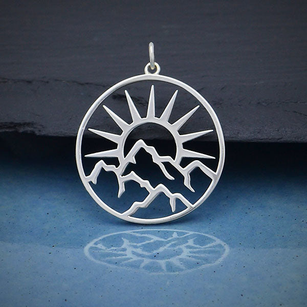 Sterling Silver Openwork Sun Pendant with Mountains 30x25mm - 1pc
