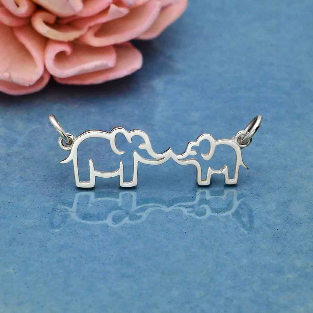 Mama and Baby Elephant Pendant with Touching Trunks 12x30mm - 1pc