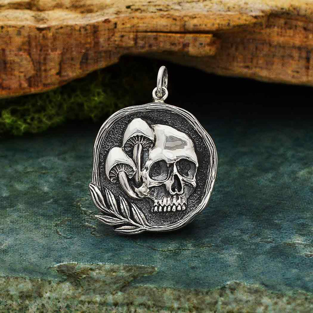 Sterling Silver Skull Pendant with Mushrooms 27x20mm - 1pc