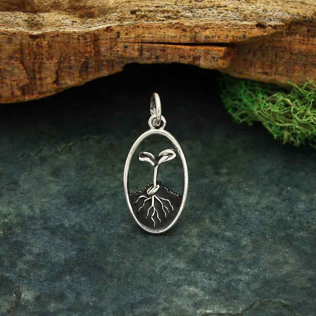 Sterling Silver Seed and Sprout Charm 22x10mm - 1pc