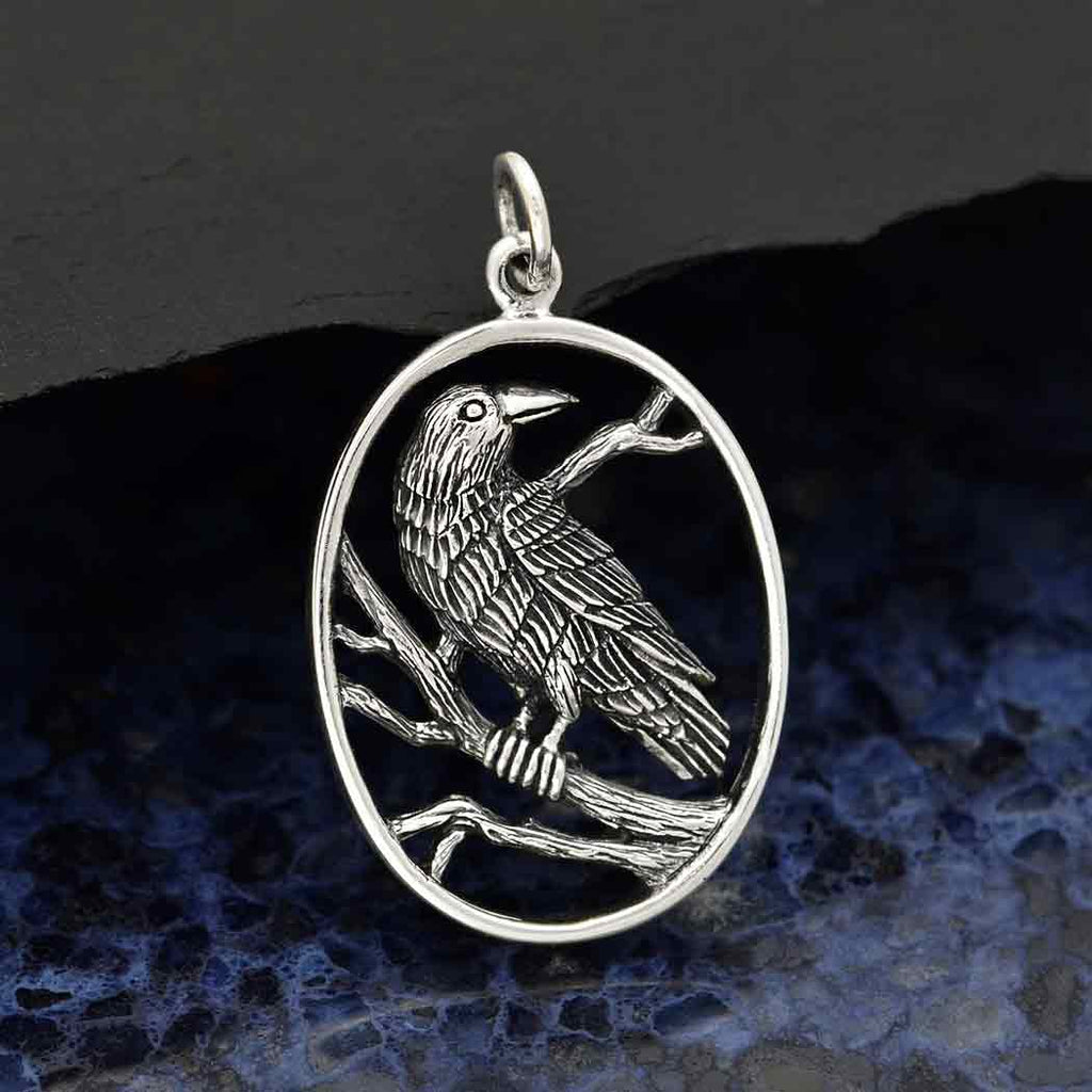 Sterling Silver Raven Pendant in Oval Frame 29x18mm - 1pc