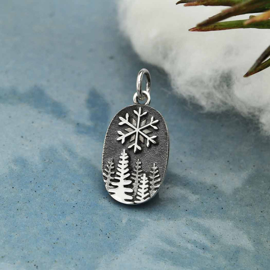 Sterling Silver Snowflake and Pine Tree Charm 20x10mm - 1Pc