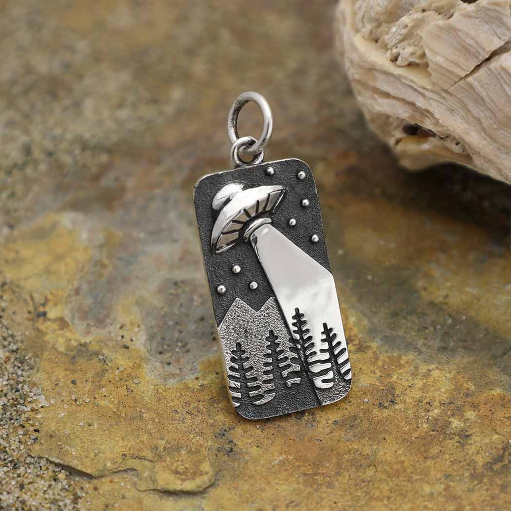 Sterling Silver UFO and Trees Charm 26x10mm - 1Pc