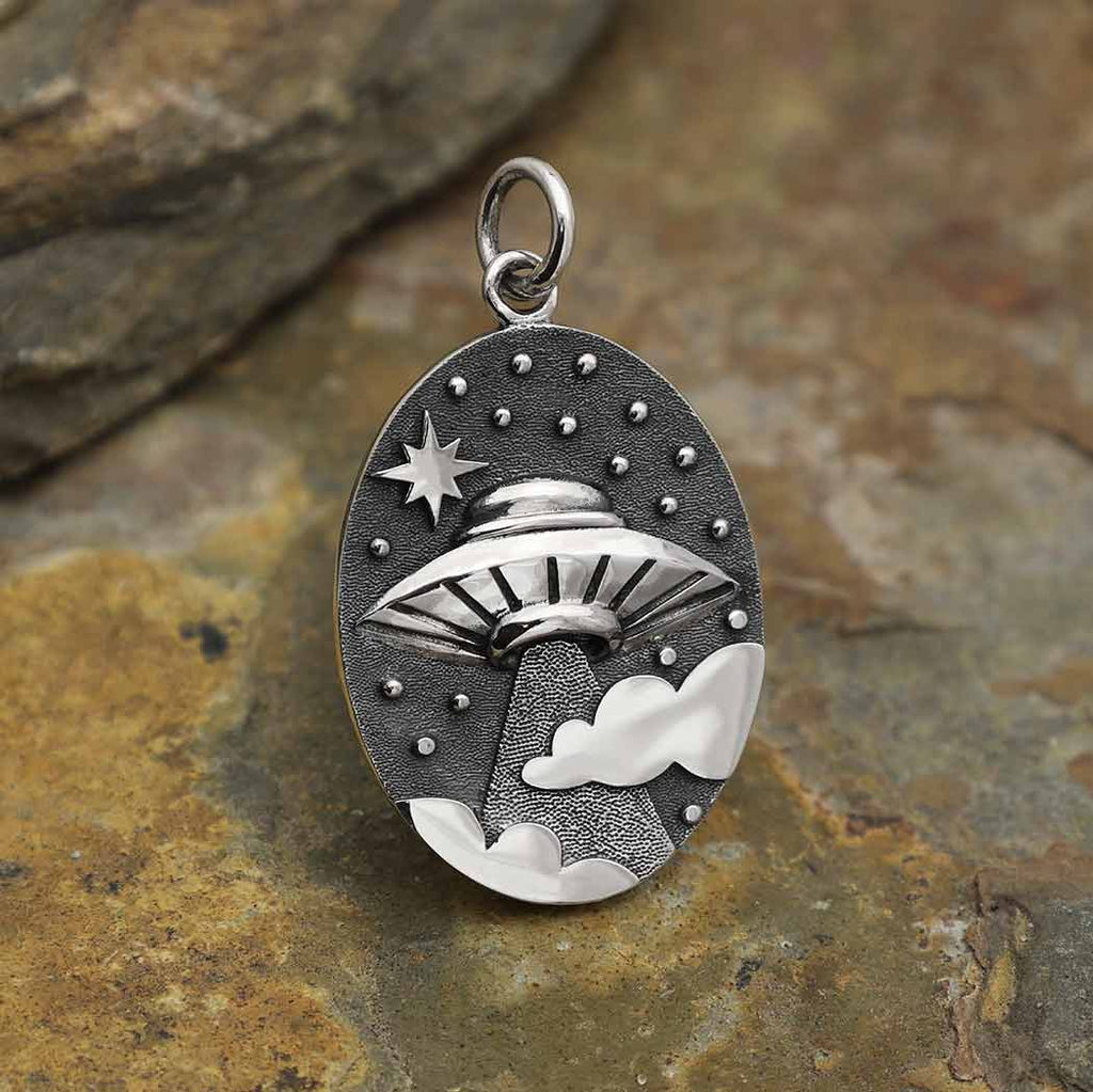Sterling Silver UFO in Clouds Pendant 26x15mm - 1Pc