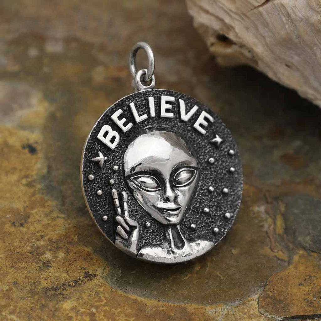 Sterling Silver Believe Alien Pendant 26x21mm - 1Pc