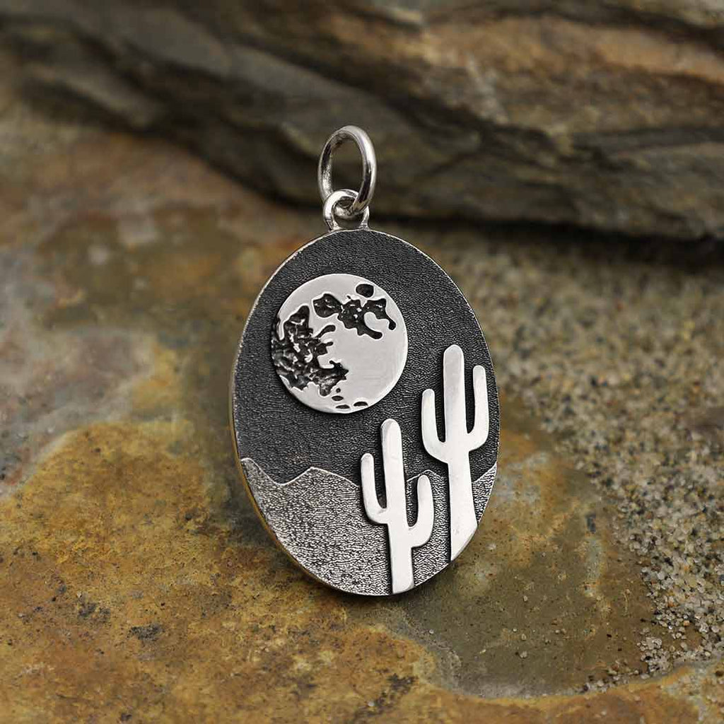 Sterling Silver Full Moon with Cactus Charm 26x15mm - 1Pc