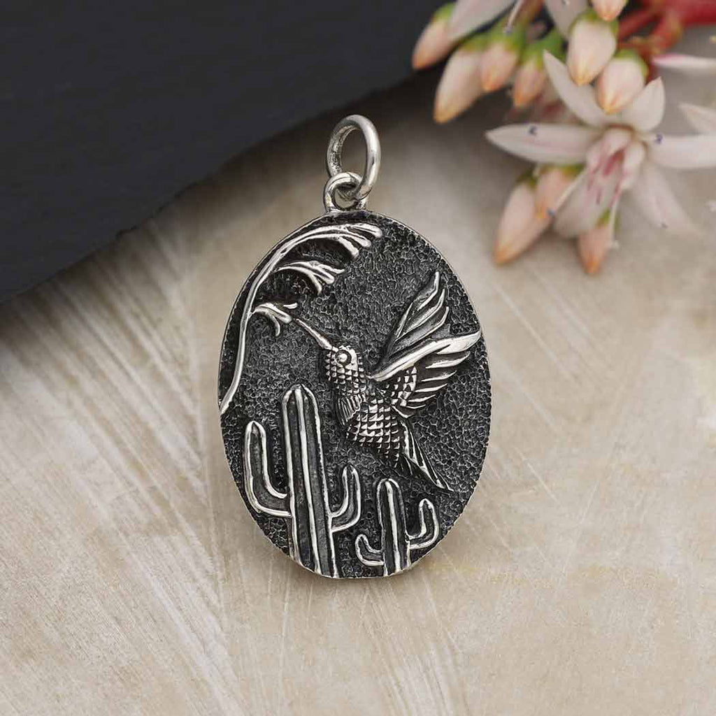Sterling Silver Hummingbird and Cactus Pendant 26x16mm - 1Pc