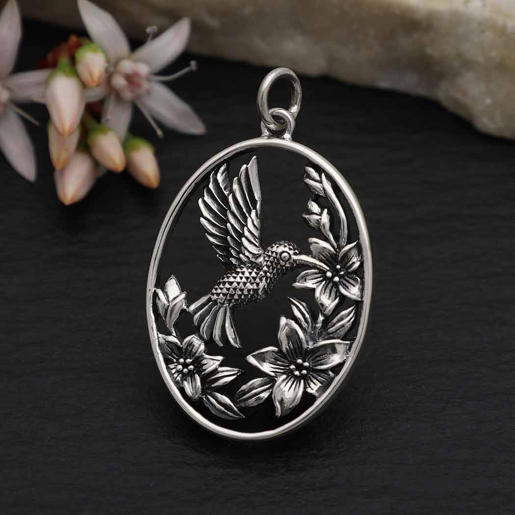 Sterling Silver Flowers and Hummingbird Pendant 29x18mm - 1Pc