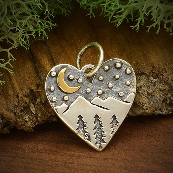 Silver Heart Charm with Mountains and Bronze Moon 16x13mm - 1Pc