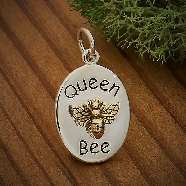 Sterling Silver Queen Bee Charm with Bronze Bee 21x12mm - 1pc
