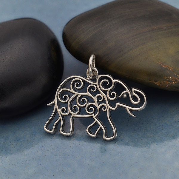 Silver Elephant Charm with Scrollwork 20x24mm - 1Pc