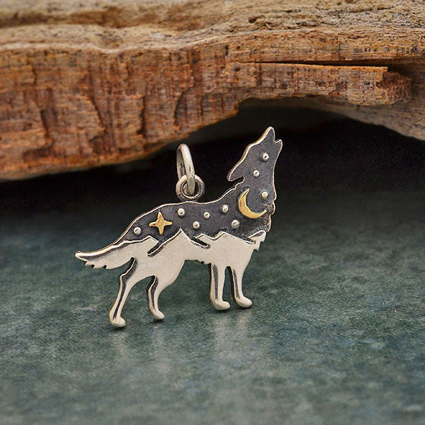 Sterling Silver Wolf Charm with Bronze Star and Moon 17x20mm - 1pc