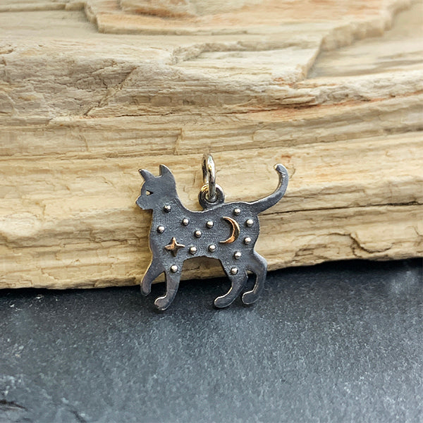 Sterling Silver Cat Charm with Bronze Star and Moon 17x16mm - 1pc