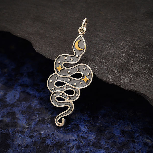 Silver Snake Pendant with Bronze Moon and Stars 38x15mm - 1pc