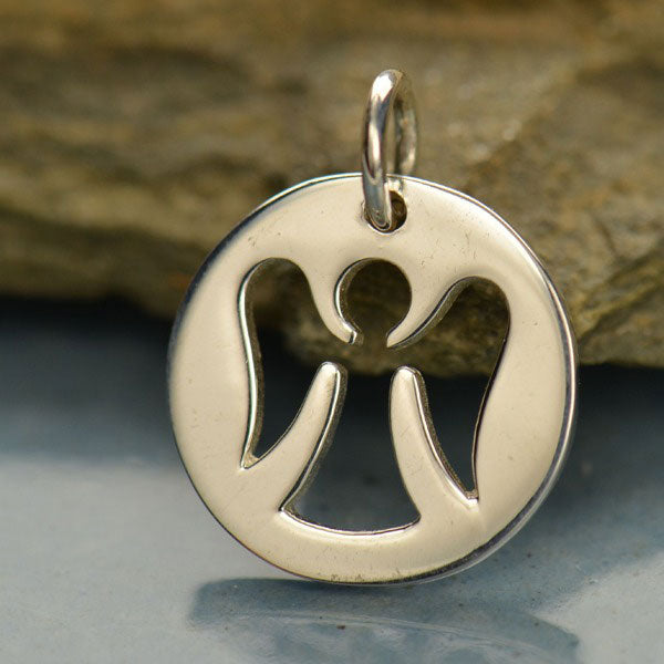 Sterling Silver Round Charm with Angel Cutout 16x12mm - 1pc