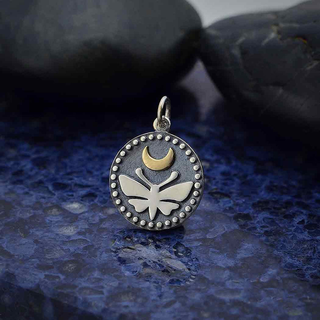 Sterling Silver Moth Charm with Bronze Moon and Dots 21x15mm - 1pc
