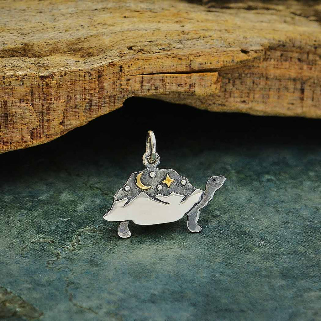 Silver Tortoise Charm with Mountains and Bronze Moon 17x20mm - 1pc