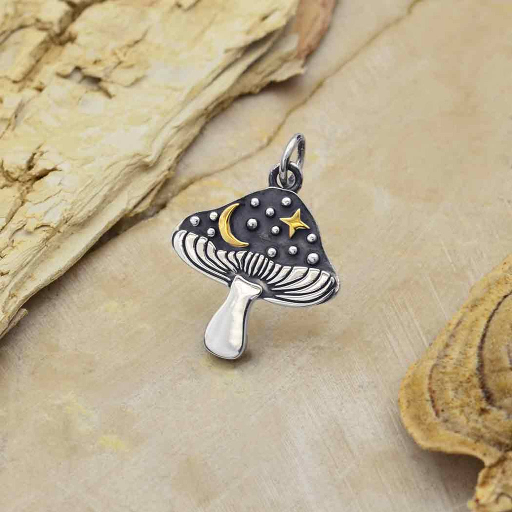 Silver Mushroom Charm with Bronze Star and Moon 21x16mm - 1pc