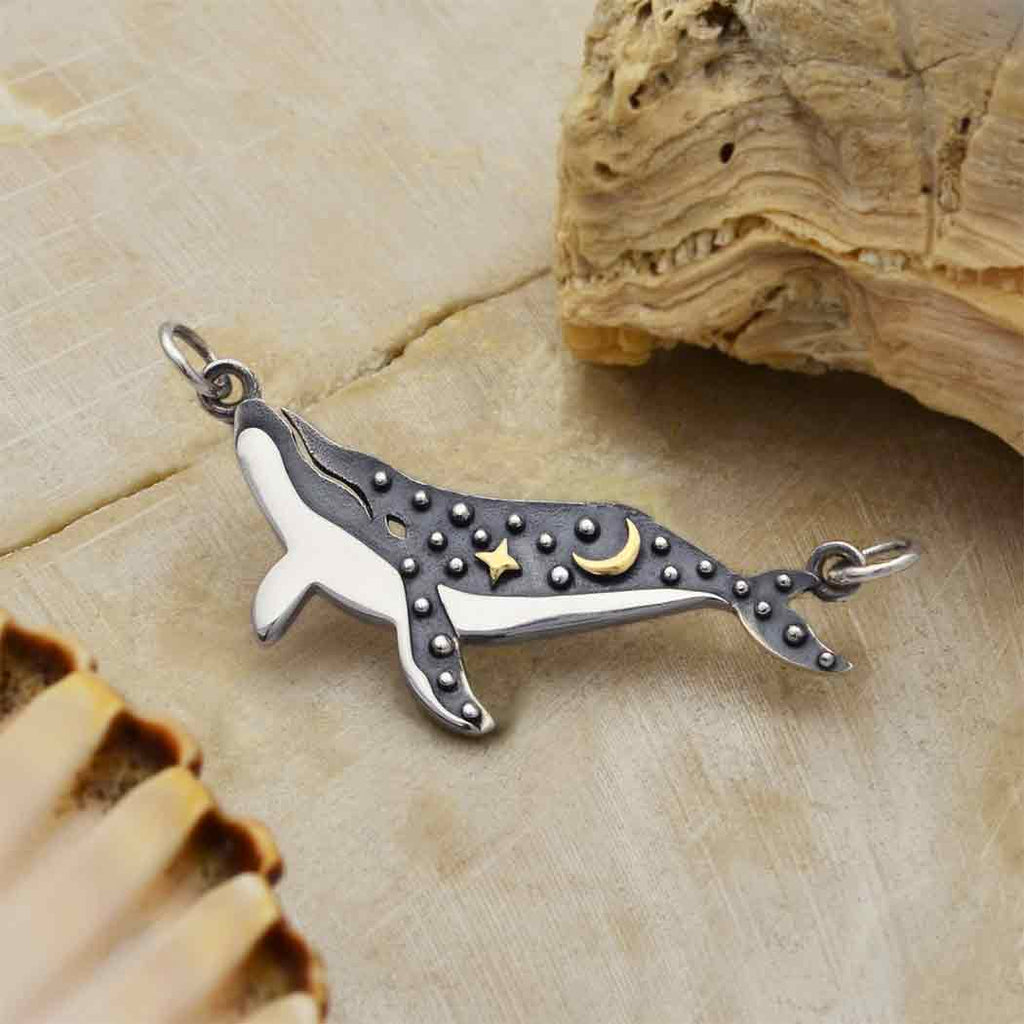 Silver Whale Charm with Bronze Star and Moon 18x36mm - 1pc