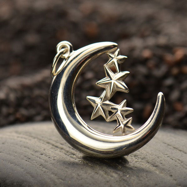 Sterling Silver Moon Charm with Stars 28x18mm - 1pc
