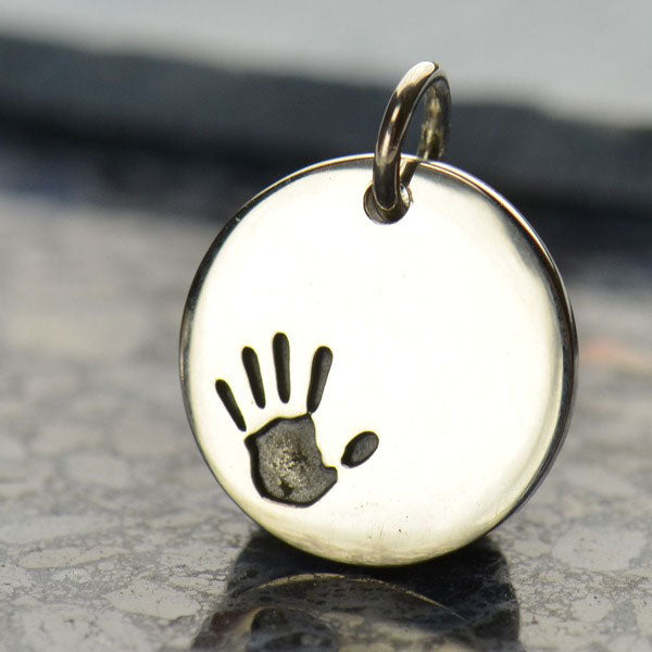 Sterling Silver Round Charm with Etched Handprint 16x13mm - 1pc