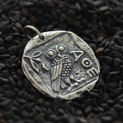 Sterling Silver Ancient Coin Charm - Athena's Owl 24x19mm - 1pc