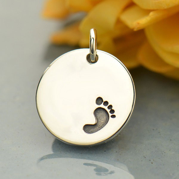 Sterling Silver Round Charm with Etched Footprint 16x13mm - 1pc