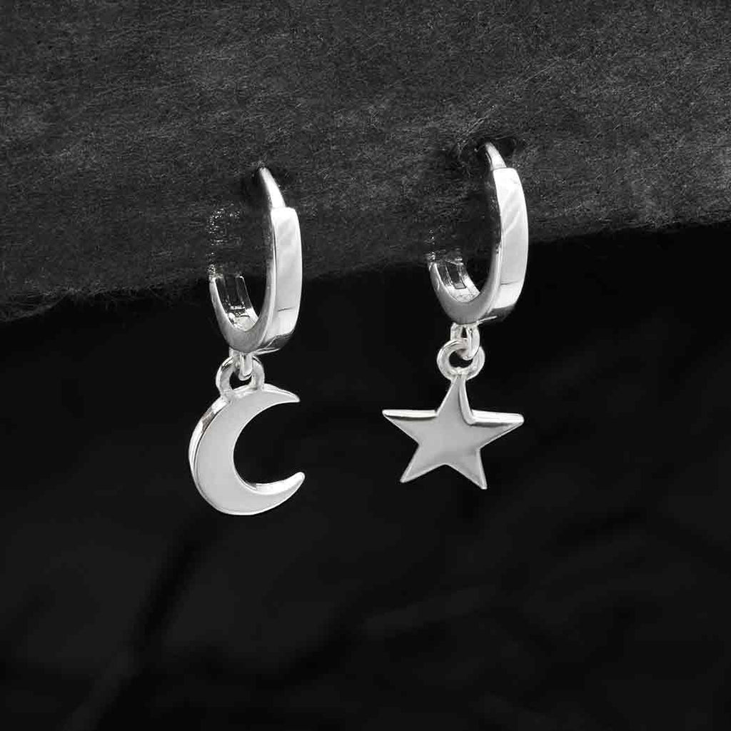 Silver Huggie Hoop Earrings with Star and Moon 22x11mm - 1pr