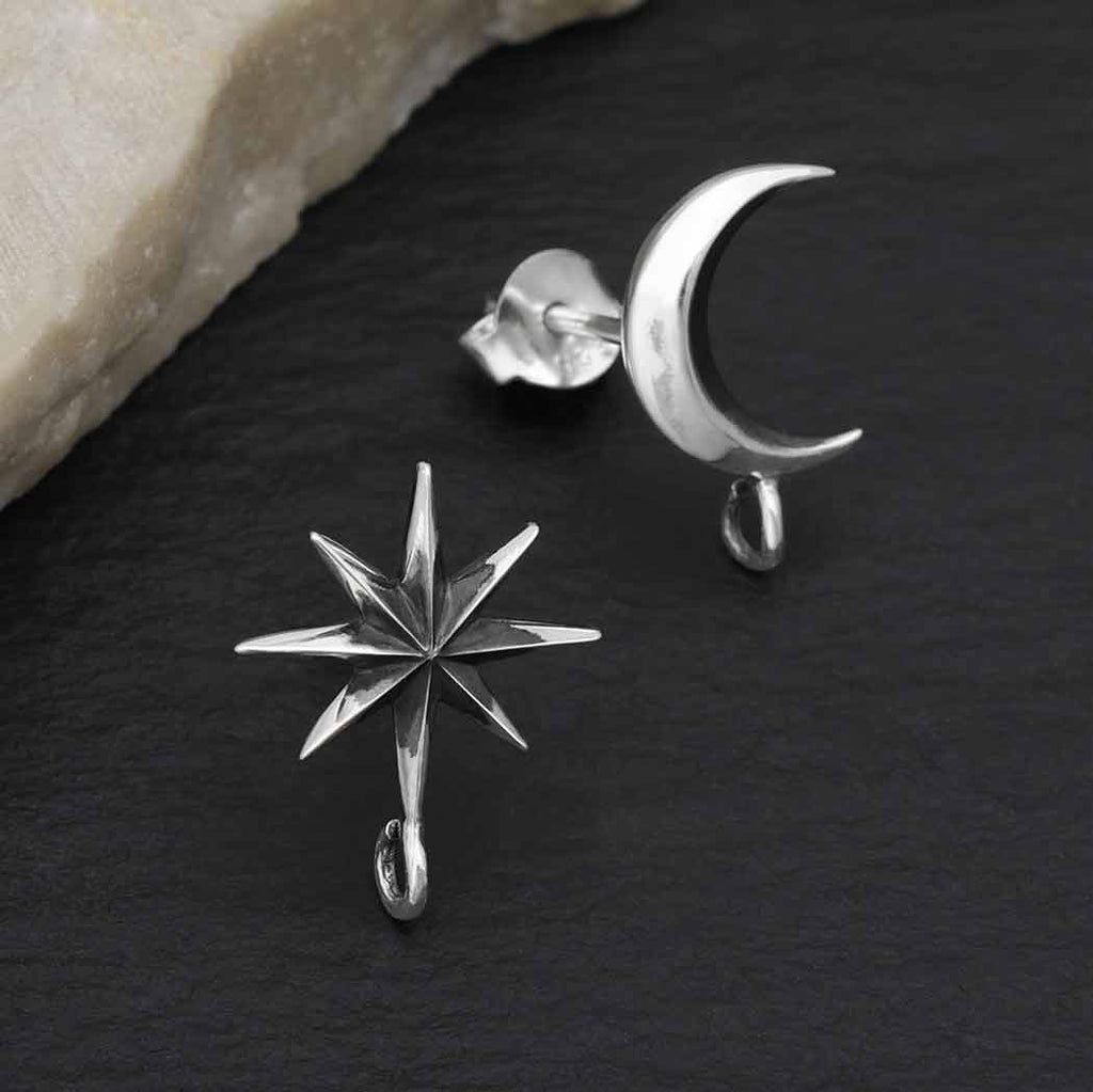 Sterling Silver Ridged Star and Moon Post Earrings with Loop 14x8mm - 1Pr