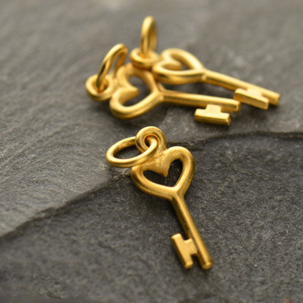 Gold Charm - Tiny Heart Key with 24K Gold Plate 18x6mm - 1pc