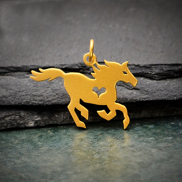 Satin 24K Gold Plated Horse Charm with Heart Cutout 20x23mm - 1pc